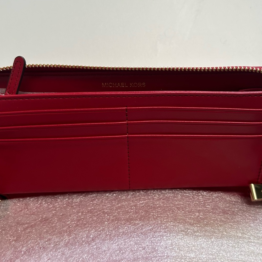 New Michael Kors Continental Travel Wallet Jet Set Large Crimson Red Leather - Picture 6 of 12